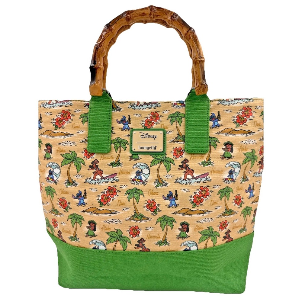 Loungefly Disney Lilo & Stitch Canvas Map Tote Bamboo Handle Hawaiian NWT